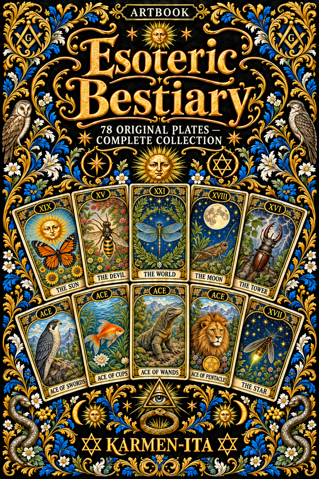 Esoteric Bestiary by KARMEN-ITA, illustrated cover with animal Tarot cards and gold botanical ornament