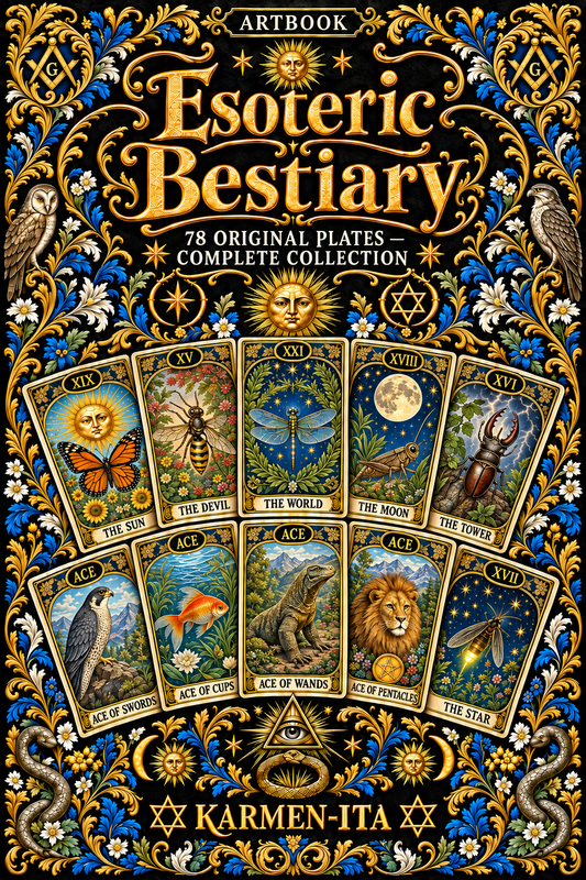 Esoteric Bestiary by KARMEN-ITA, illustrated cover with animal Tarot cards and gold botanical ornament